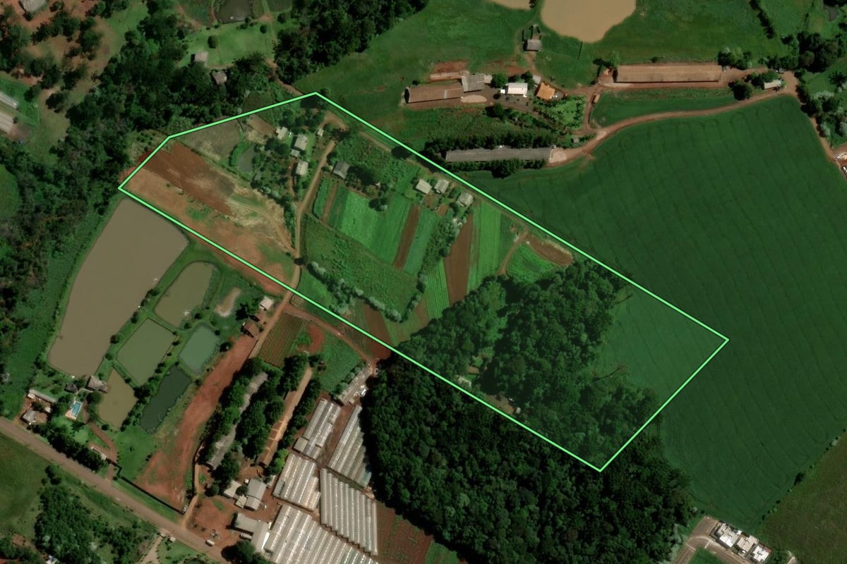 Imagem de satélite do imóvel rural em Chapecó (SC), com o contorno declarado no CAR desenhado por cima.