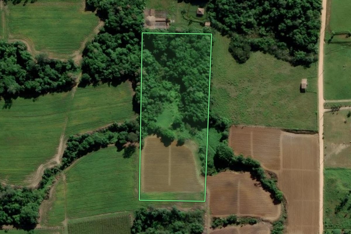 Imagem de satélite do imóvel rural em Cocal do Sul (SC), com o contorno declarado no CAR desenhado por cima.