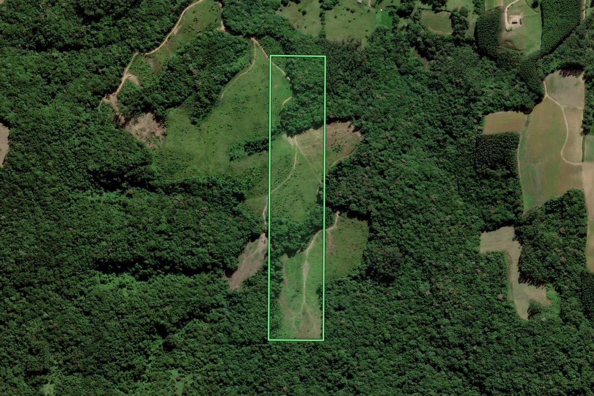 Imagem de satélite do imóvel rural em Cocal do Sul (SC), com o contorno declarado no CAR desenhado por cima.