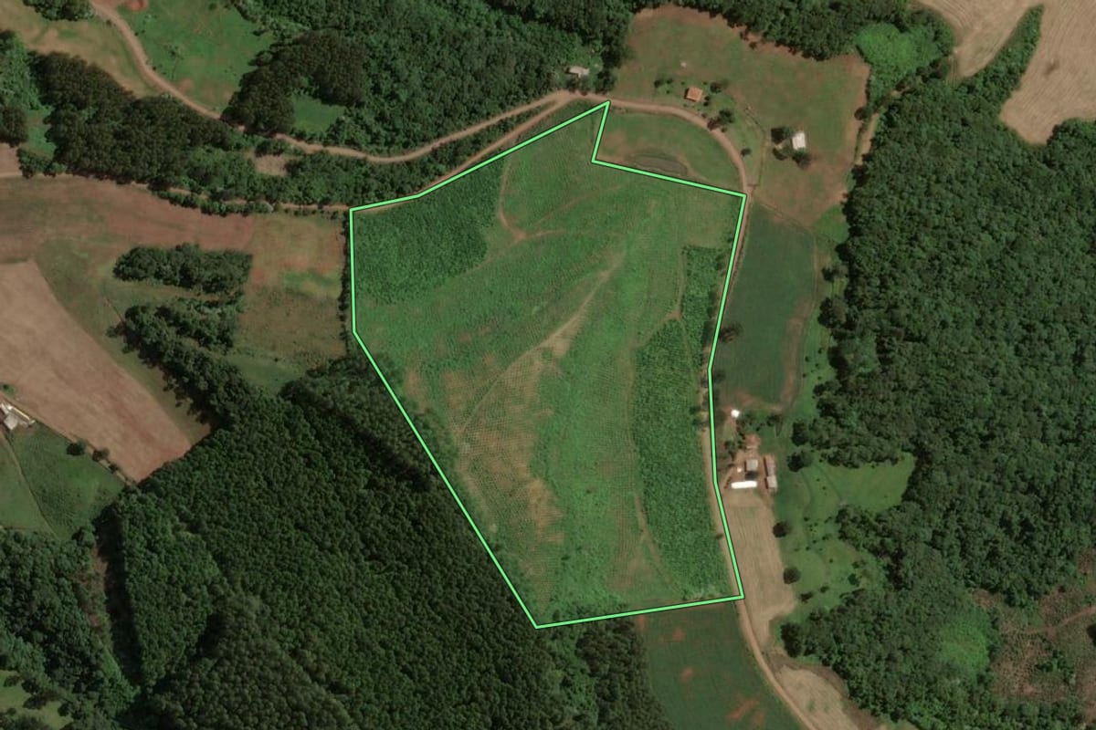 Imagem de satélite do imóvel rural em Concórdia (SC), com o contorno declarado no CAR desenhado por cima.