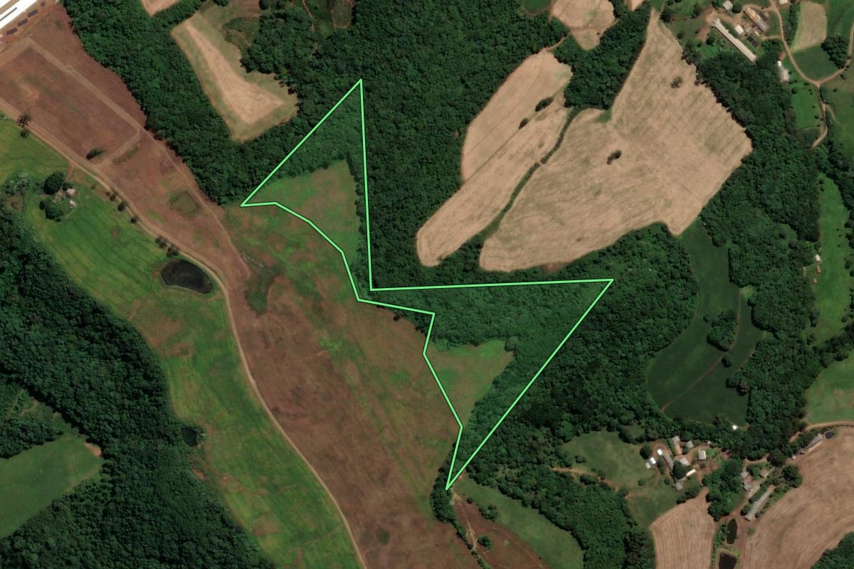 Imagem de satélite do imóvel rural em Concórdia (SC), com o contorno declarado no CAR desenhado por cima.