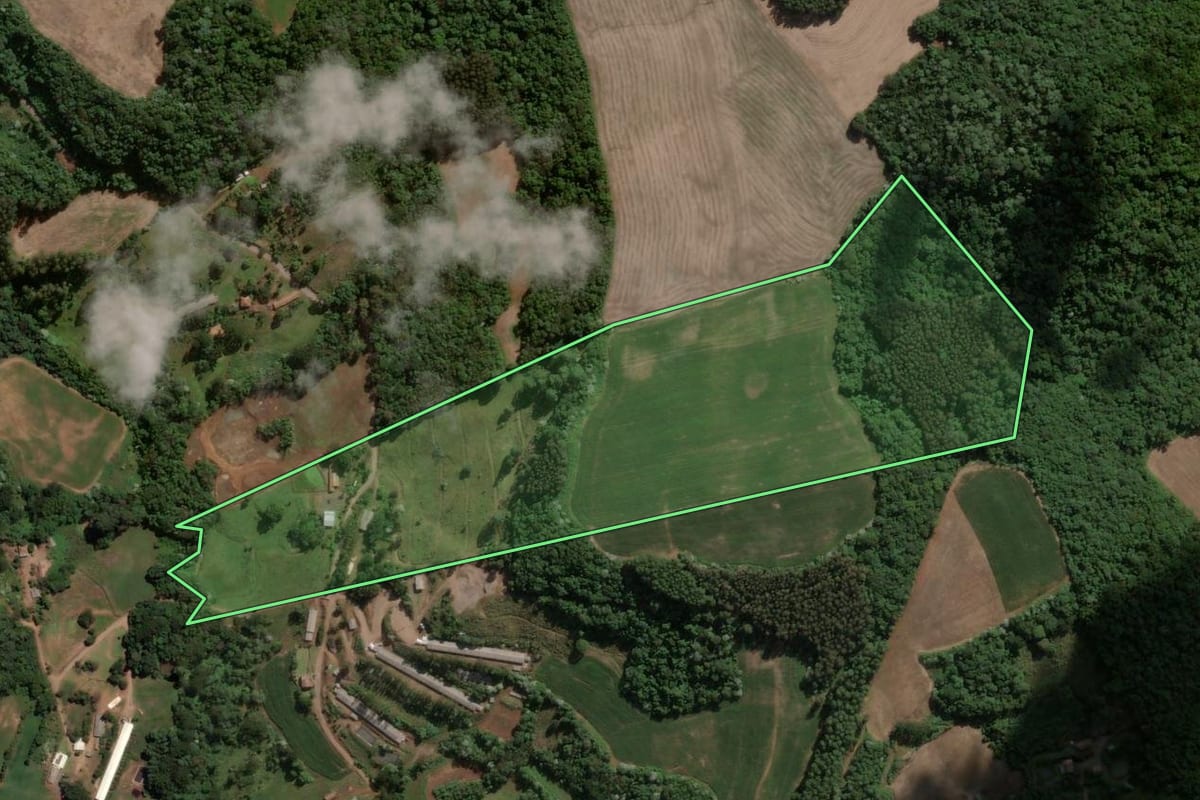 Imagem de satélite do imóvel rural em Concórdia (SC), com o contorno declarado no CAR desenhado por cima.