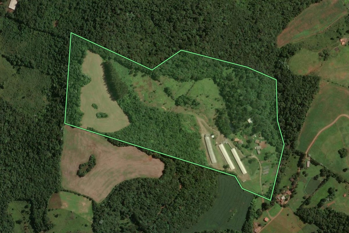 Imagem de satélite do imóvel rural em Concórdia (SC), com o contorno declarado no CAR desenhado por cima.