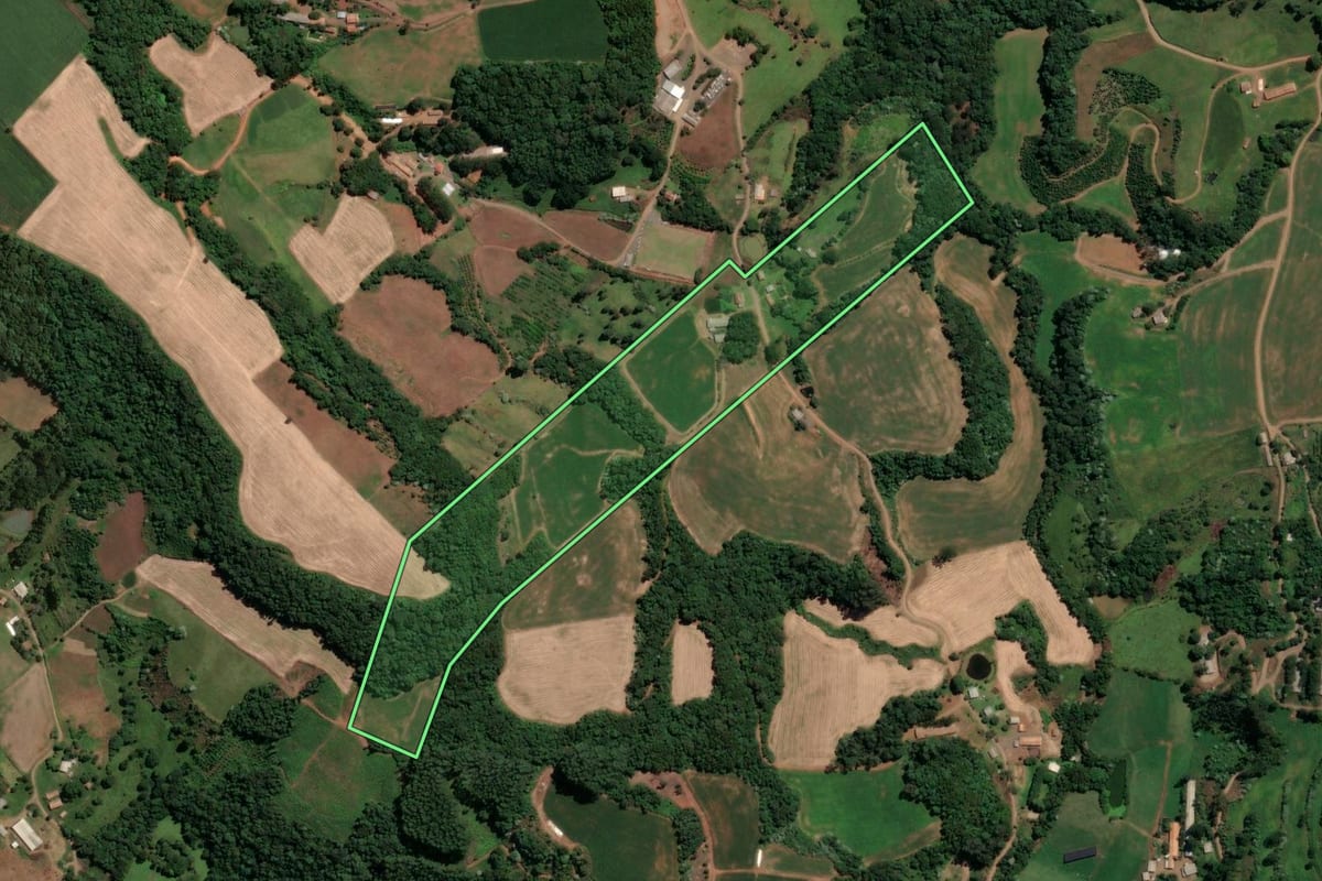 Imagem de satélite do imóvel rural em Concórdia (SC), com o contorno declarado no CAR desenhado por cima.