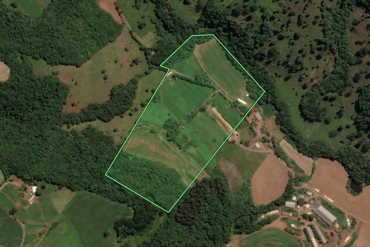 Imagem de satélite do imóvel rural em Concórdia (SC), com o contorno declarado no CAR desenhado por cima.