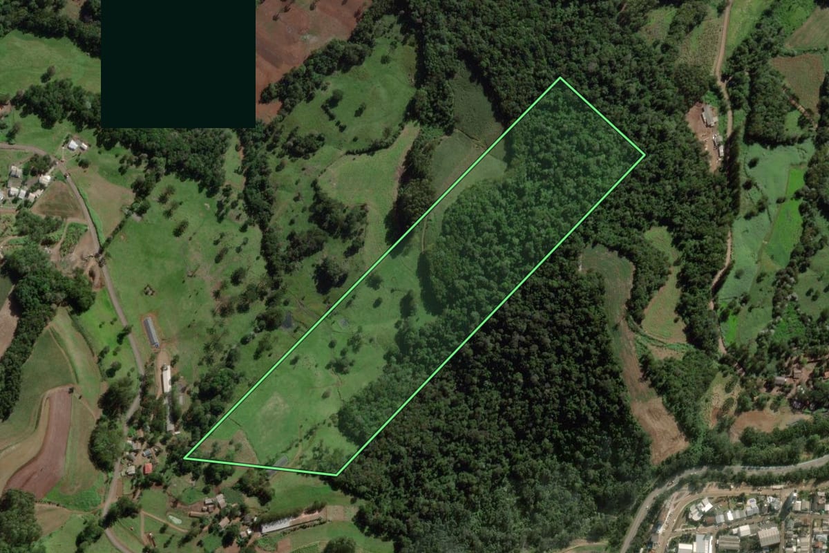 Imagem de satélite do imóvel rural em Cordilheira Alta (SC), com o contorno declarado no CAR desenhado por cima.