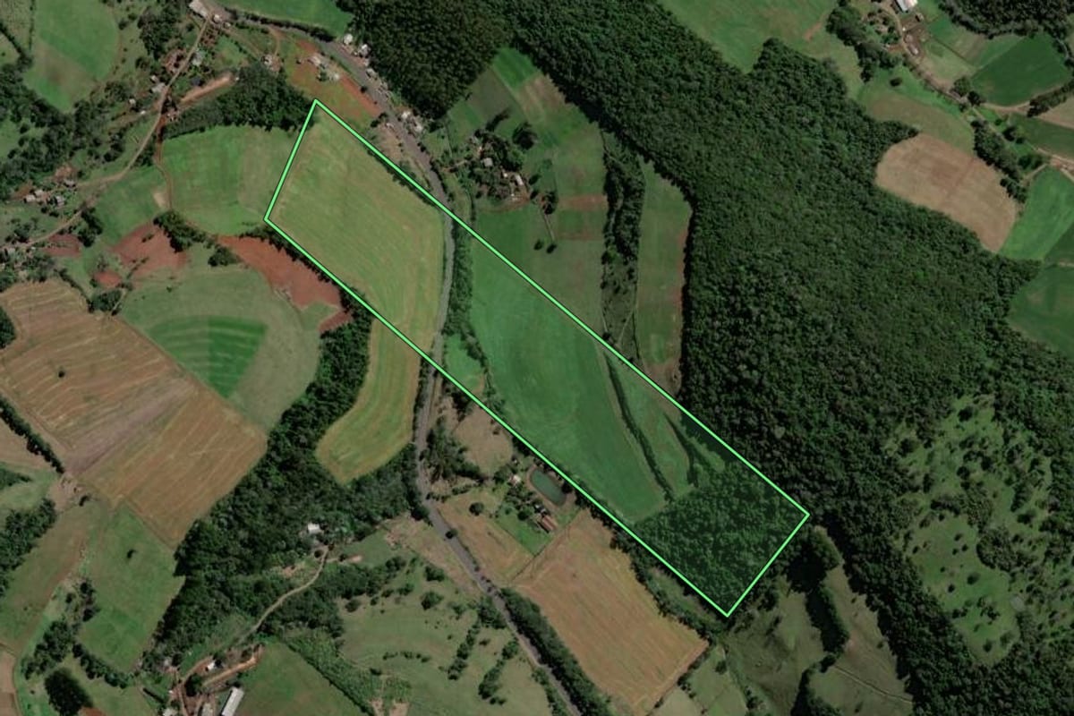 Imagem de satélite do imóvel rural em Coronel Freitas (SC), com o contorno declarado no CAR desenhado por cima.