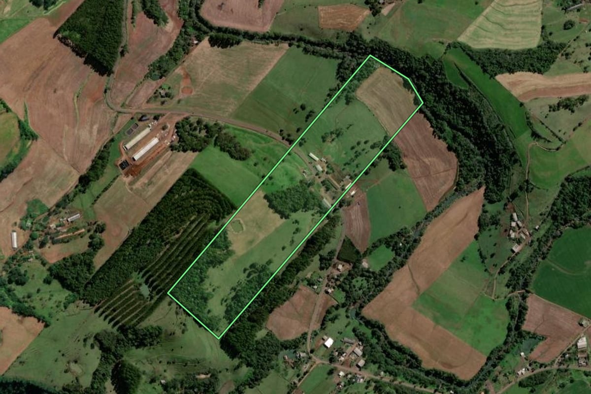 Imagem de satélite do imóvel rural em Coronel Freitas (SC), com o contorno declarado no CAR desenhado por cima.