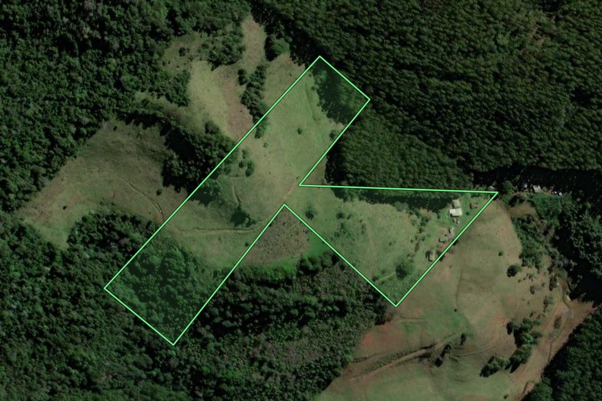 Imagem de satélite do imóvel rural em Coronel Freitas (SC), com o contorno declarado no CAR desenhado por cima.