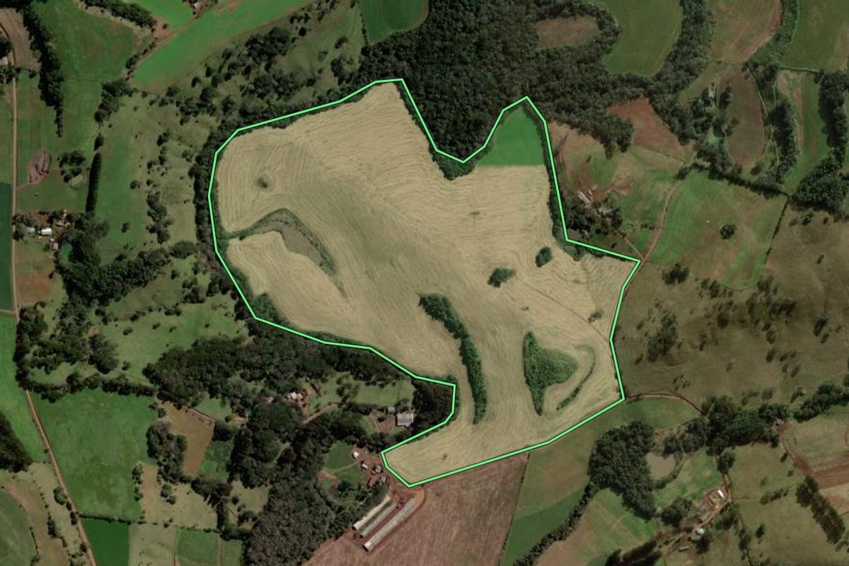 Imagem de satélite do imóvel rural em Coronel Martins (SC), com o contorno declarado no CAR desenhado por cima.
