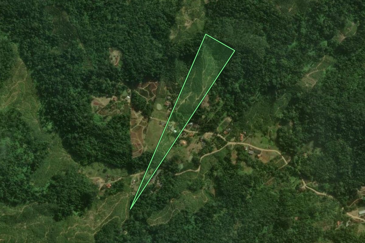 Imagem de satélite do imóvel rural em Corupá (SC), com o contorno declarado no CAR desenhado por cima.