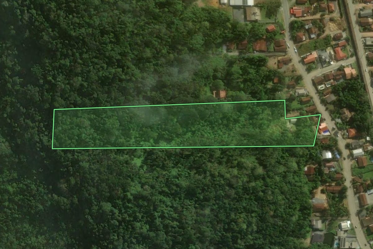 Imagem de satélite do imóvel rural em Corupá (SC), com o contorno declarado no CAR desenhado por cima.
