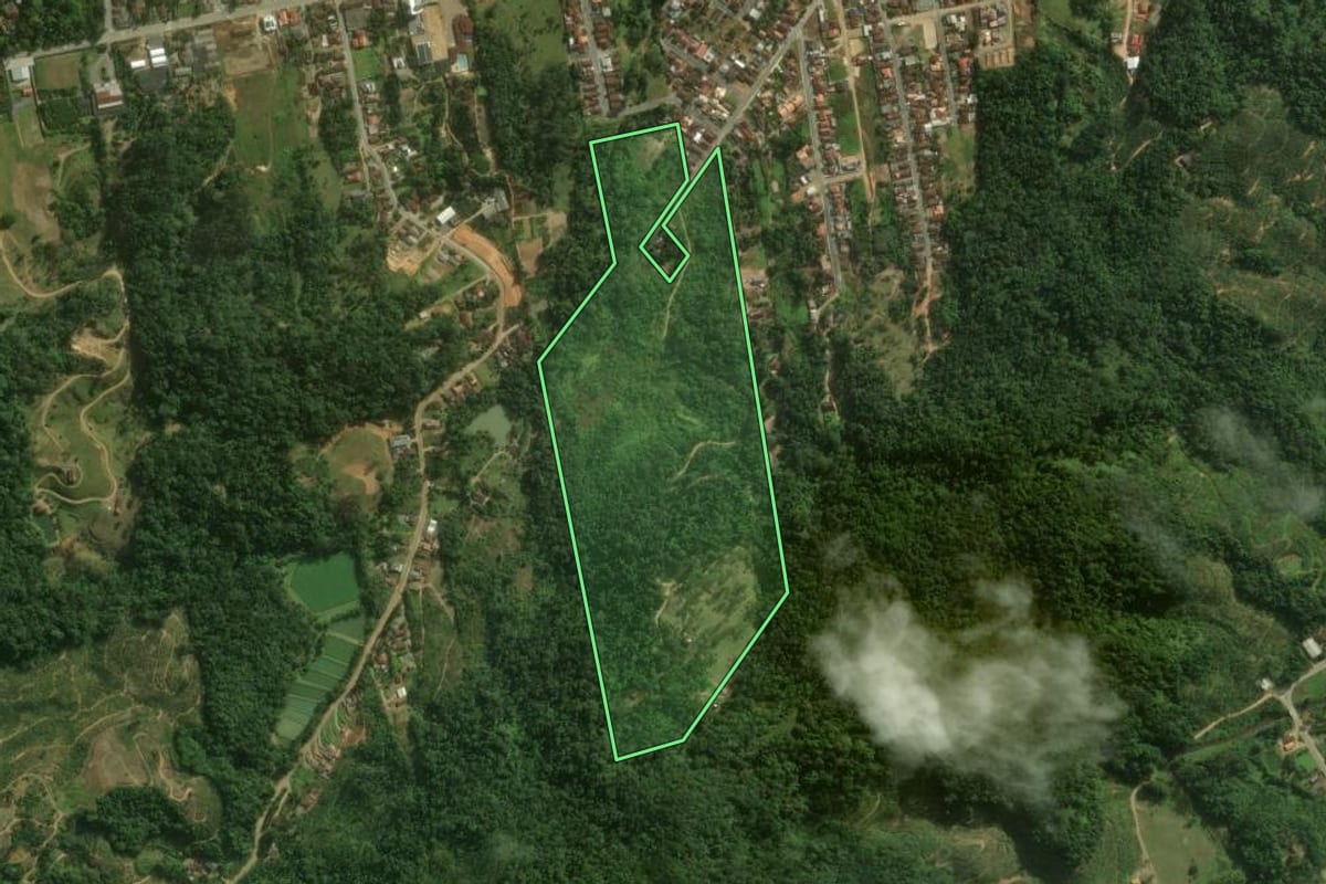 Imagem de satélite do imóvel rural em Corupá (SC), com o contorno declarado no CAR desenhado por cima.