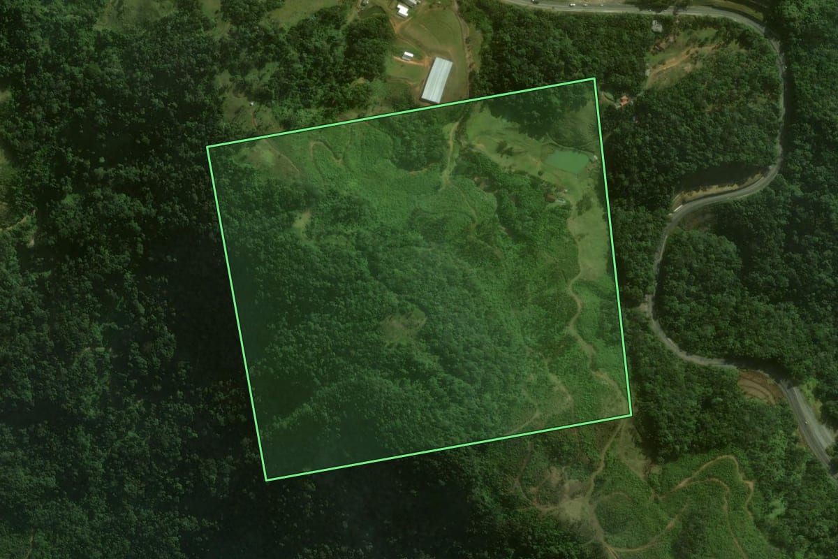 Imagem de satélite do imóvel rural em Corupá (SC), com o contorno declarado no CAR desenhado por cima.