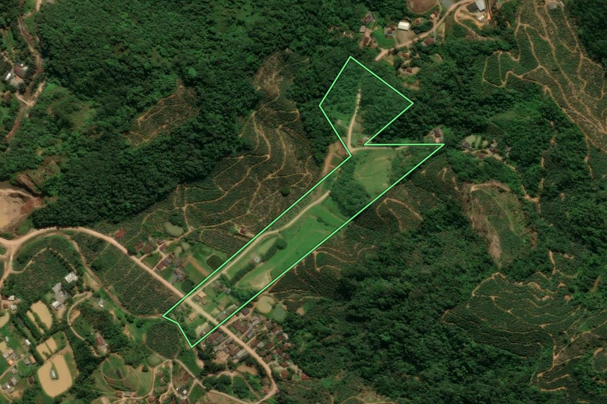 Imagem de satélite do imóvel rural em Corupá (SC), com o contorno declarado no CAR desenhado por cima.