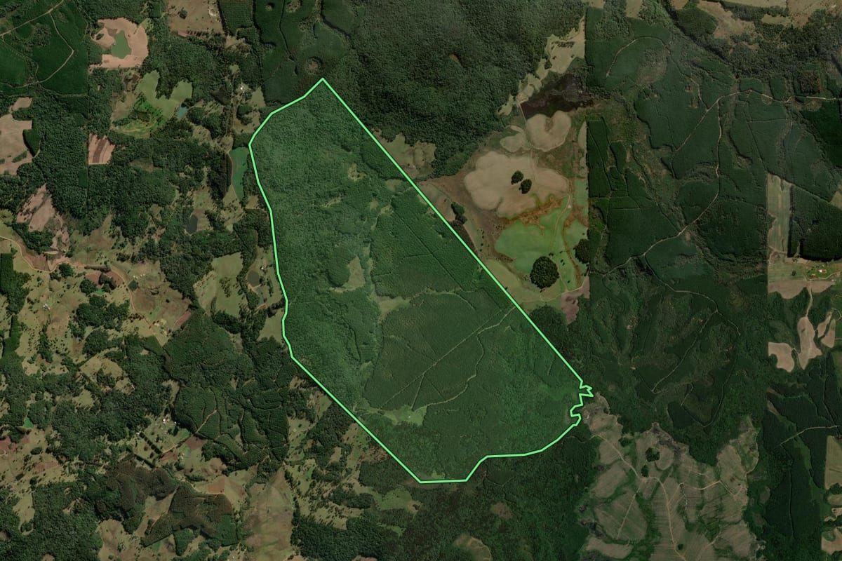 Imagem de satélite do imóvel rural em Correia Pinto (SC), com o contorno declarado no CAR desenhado por cima.