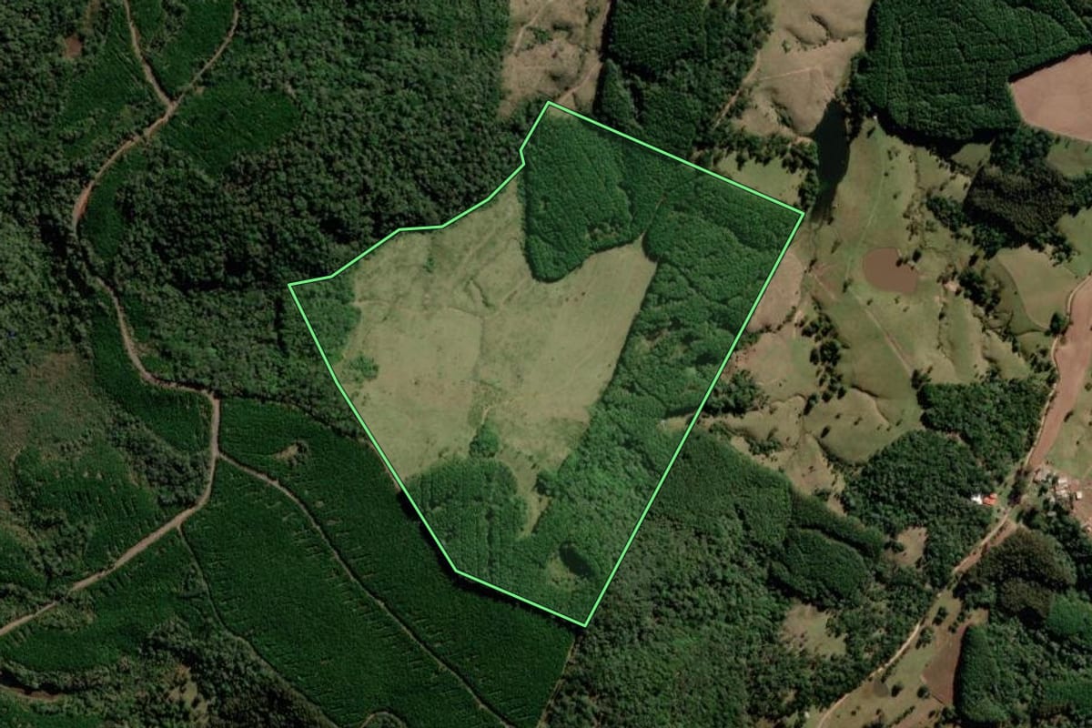 Imagem de satélite do imóvel rural em Correia Pinto (SC), com o contorno declarado no CAR desenhado por cima.