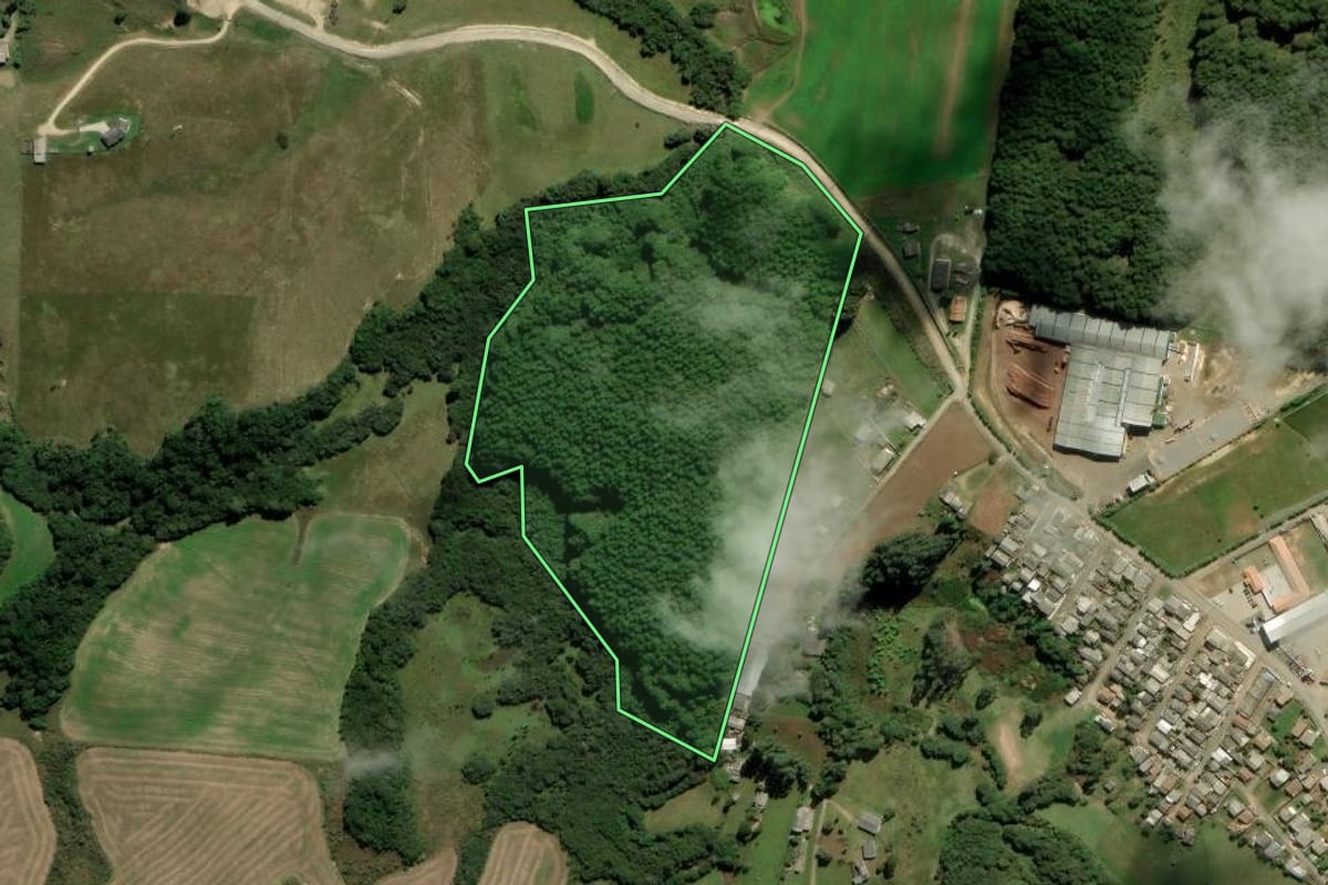 Imagem de satélite do imóvel rural em Correia Pinto (SC), com o contorno declarado no CAR desenhado por cima.
