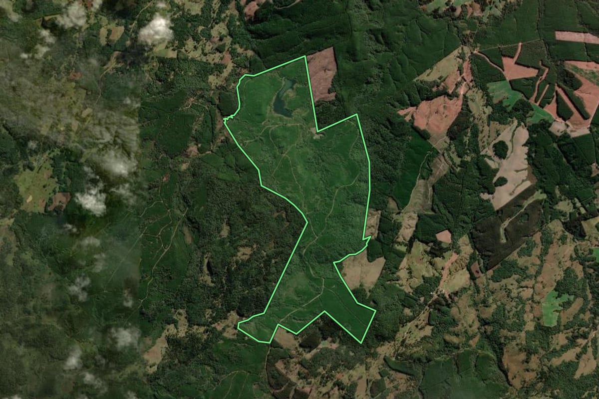 Imagem de satélite do imóvel rural em Correia Pinto (SC), com o contorno declarado no CAR desenhado por cima.