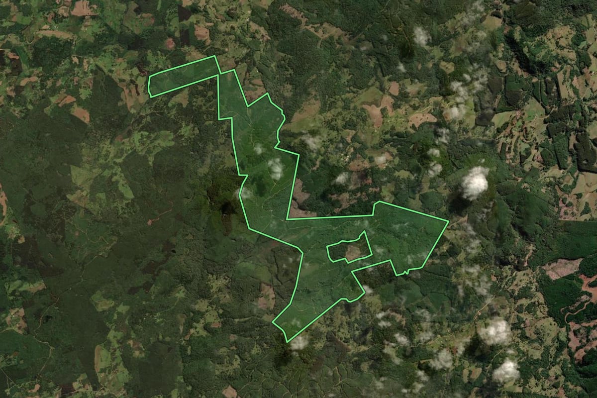 Imagem de satélite do imóvel rural em Correia Pinto (SC), com o contorno declarado no CAR desenhado por cima.