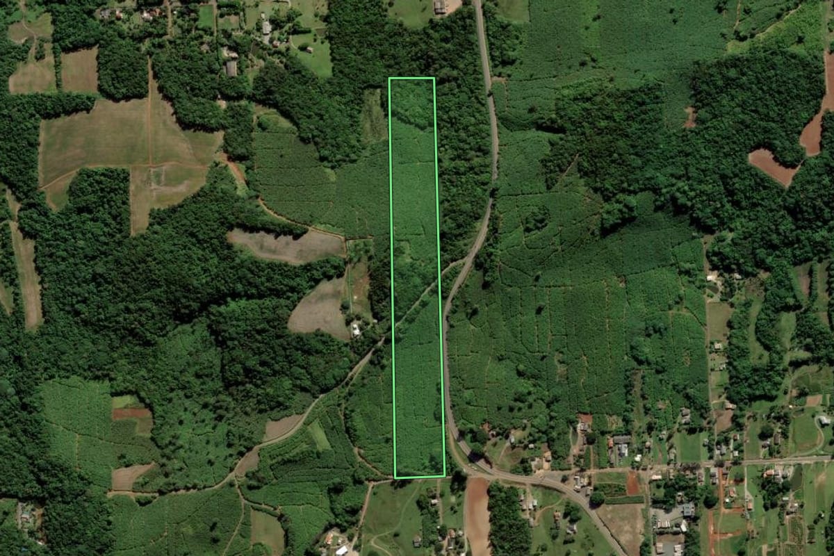 Imagem de satélite do imóvel rural em Criciúma (SC), com o contorno declarado no CAR desenhado por cima.