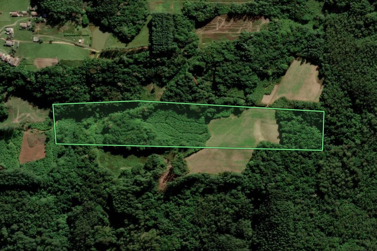 Imagem de satélite do imóvel rural em Criciúma (SC), com o contorno declarado no CAR desenhado por cima.