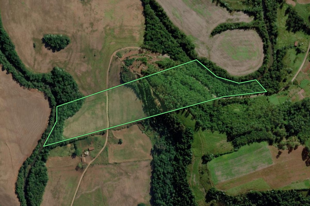 Imagem de satélite do imóvel rural em Cunha Porã (SC), com o contorno declarado no CAR desenhado por cima.