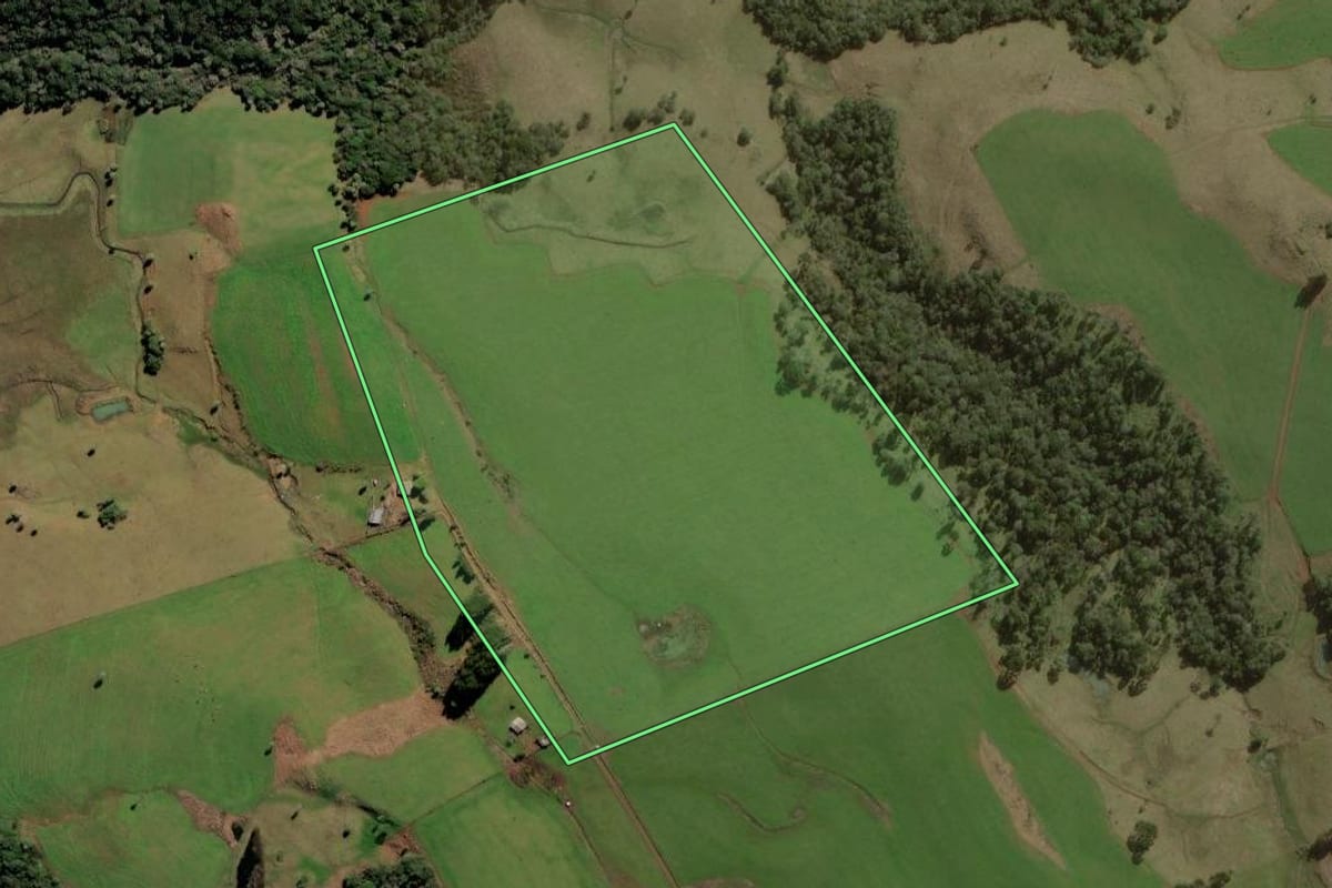Imagem de satélite do imóvel rural em Curitibanos (SC), com o contorno declarado no CAR desenhado por cima.