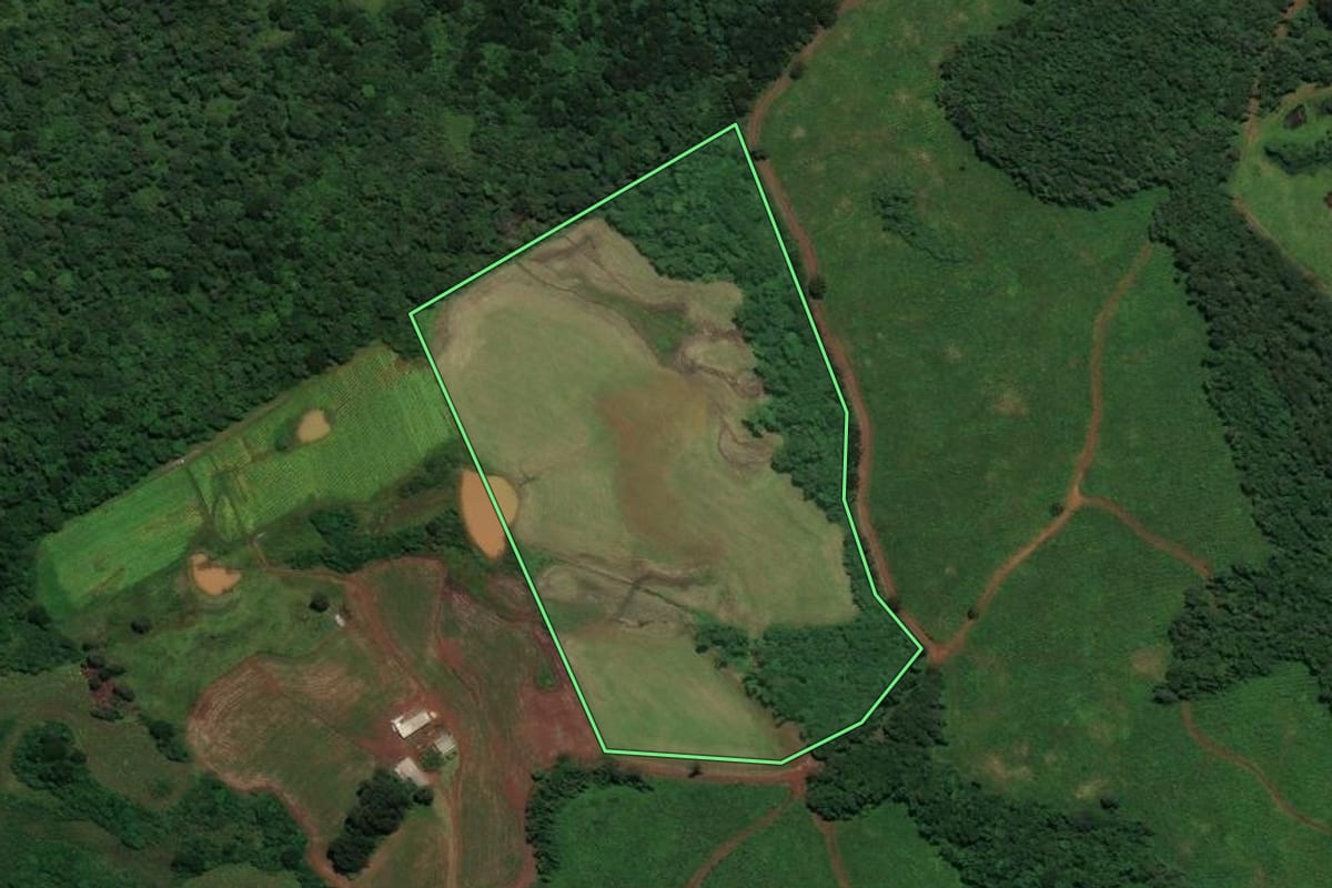 Imagem de satélite do imóvel rural em Curitibanos (SC), com o contorno declarado no CAR desenhado por cima.