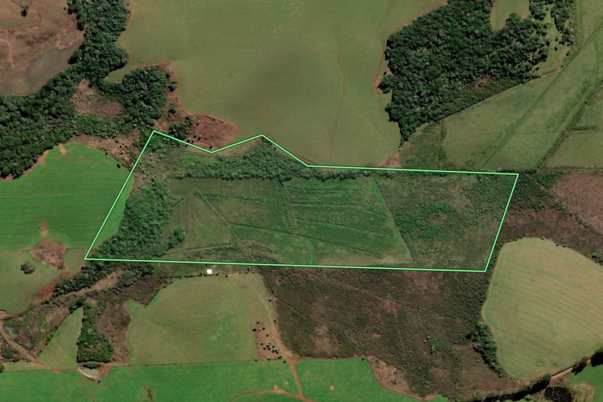 Imagem de satélite do imóvel rural em Curitibanos (SC), com o contorno declarado no CAR desenhado por cima.