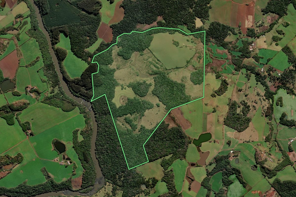Imagem de satélite do imóvel rural em Curitibanos (SC), com o contorno declarado no CAR desenhado por cima.