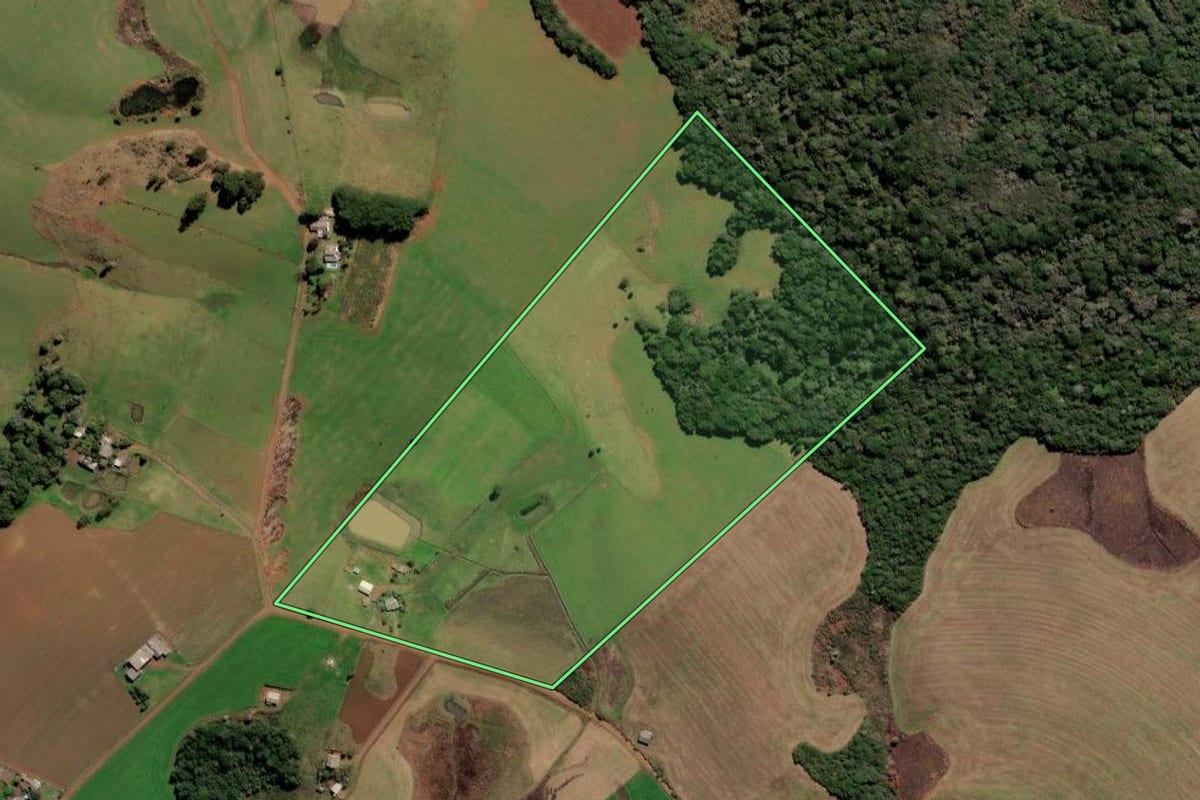 Imagem de satélite do imóvel rural em Curitibanos (SC), com o contorno declarado no CAR desenhado por cima.