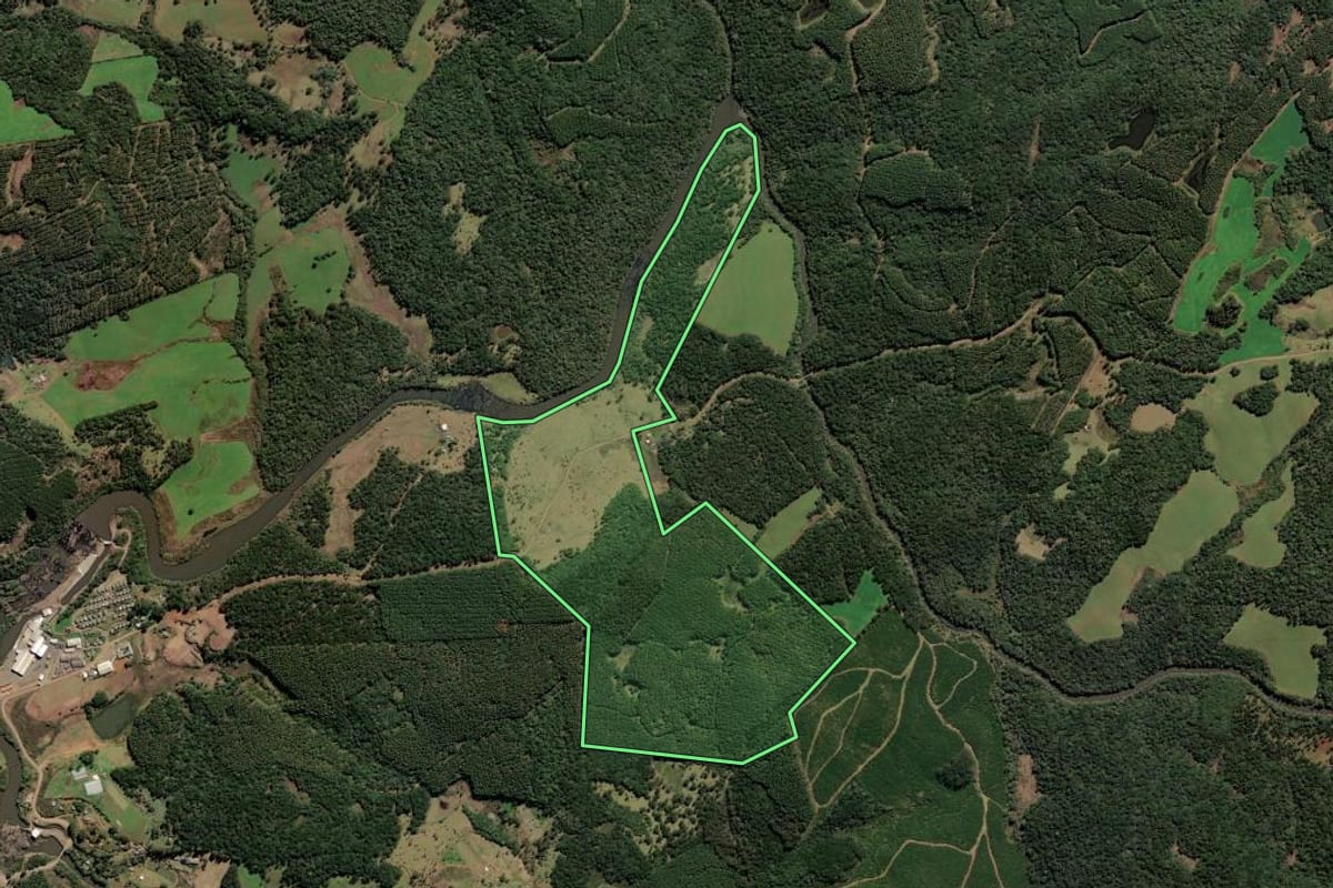 Imagem de satélite do imóvel rural em Curitibanos (SC), com o contorno declarado no CAR desenhado por cima.