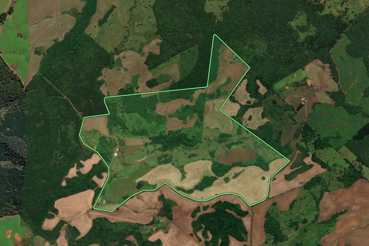 Imagem de satélite do imóvel rural em Curitibanos (SC), com o contorno declarado no CAR desenhado por cima.