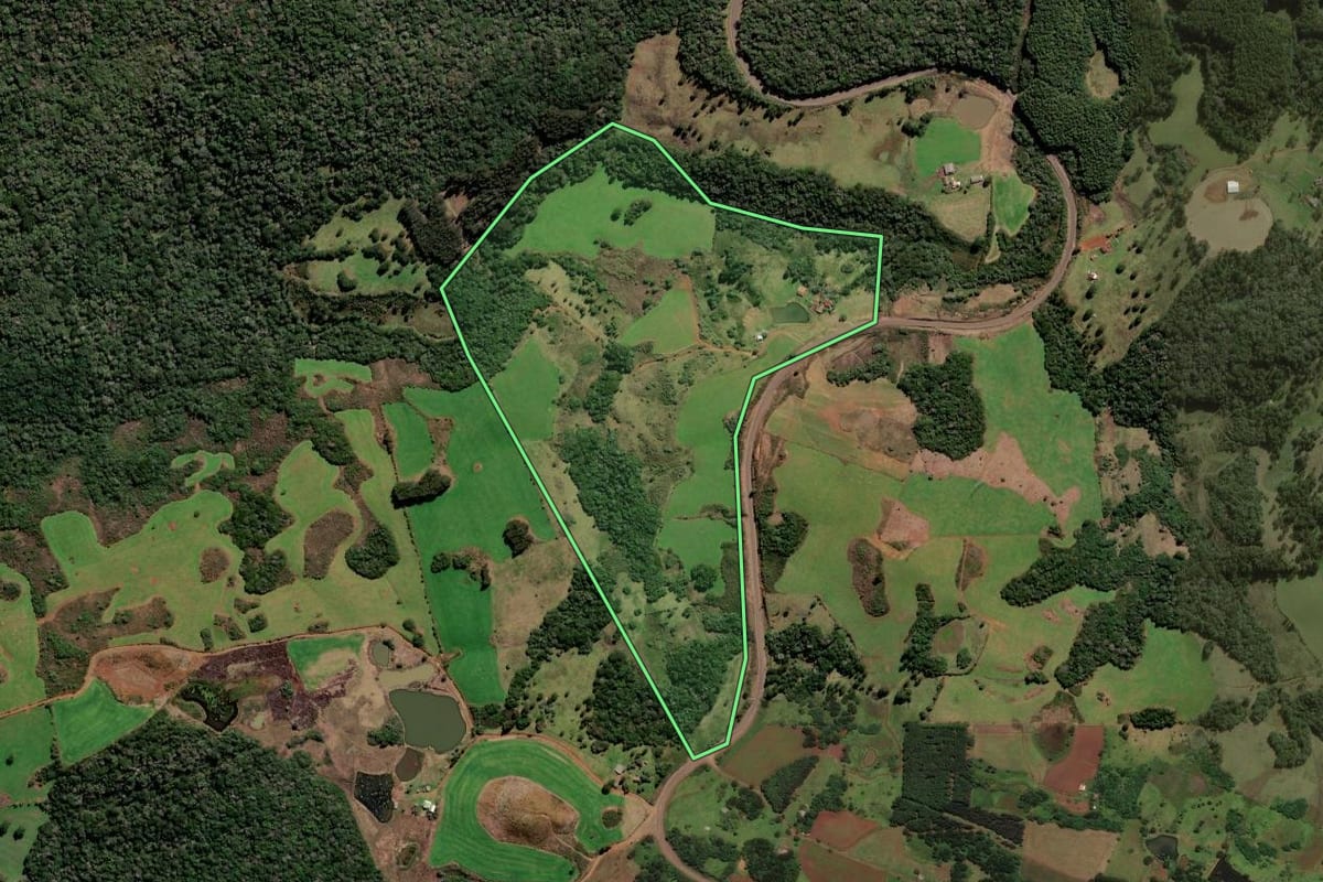 Imagem de satélite do imóvel rural em Curitibanos (SC), com o contorno declarado no CAR desenhado por cima.