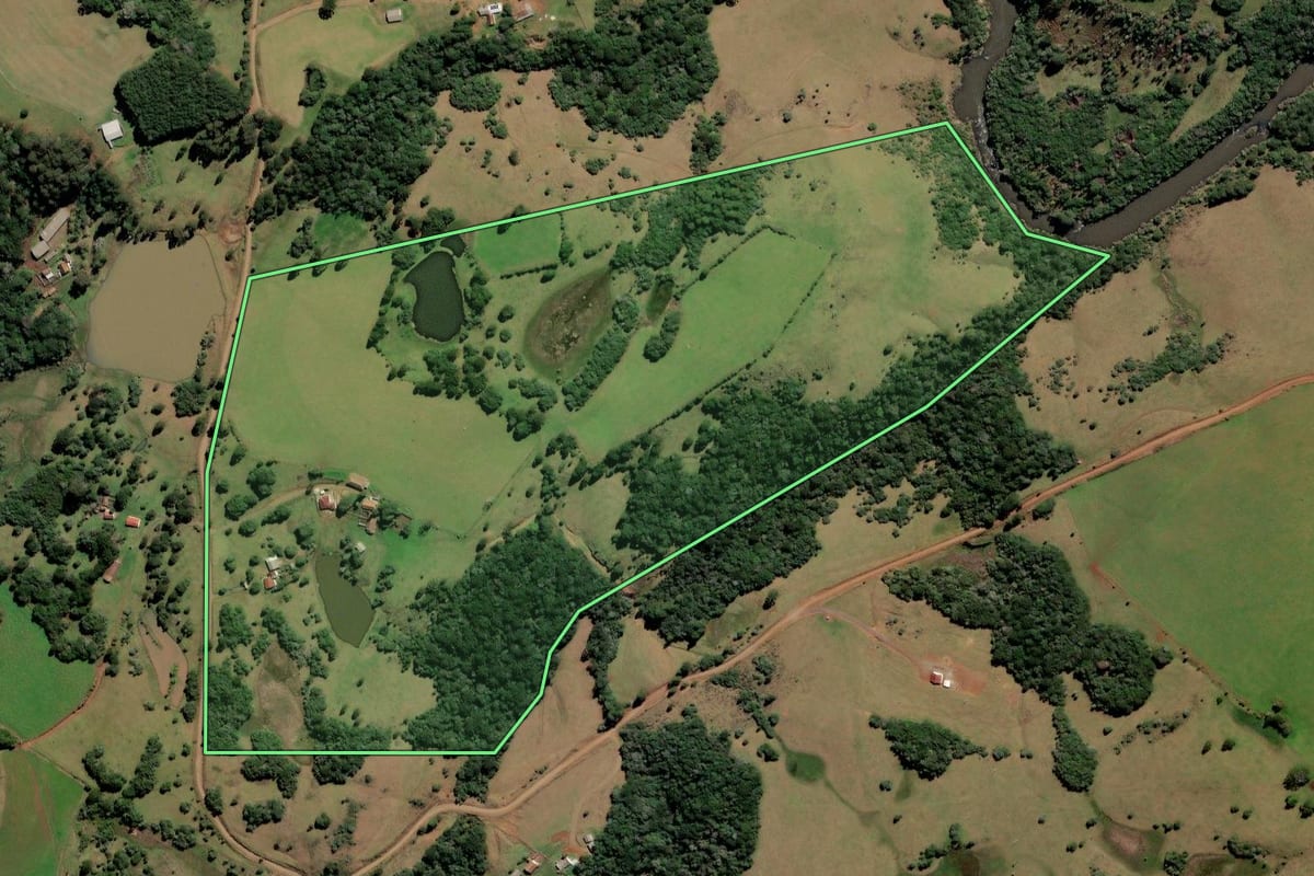Imagem de satélite do imóvel rural em Curitibanos (SC), com o contorno declarado no CAR desenhado por cima.