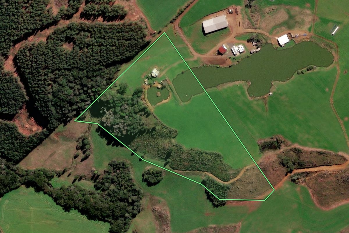 Imagem de satélite do imóvel rural em Curitibanos (SC), com o contorno declarado no CAR desenhado por cima.