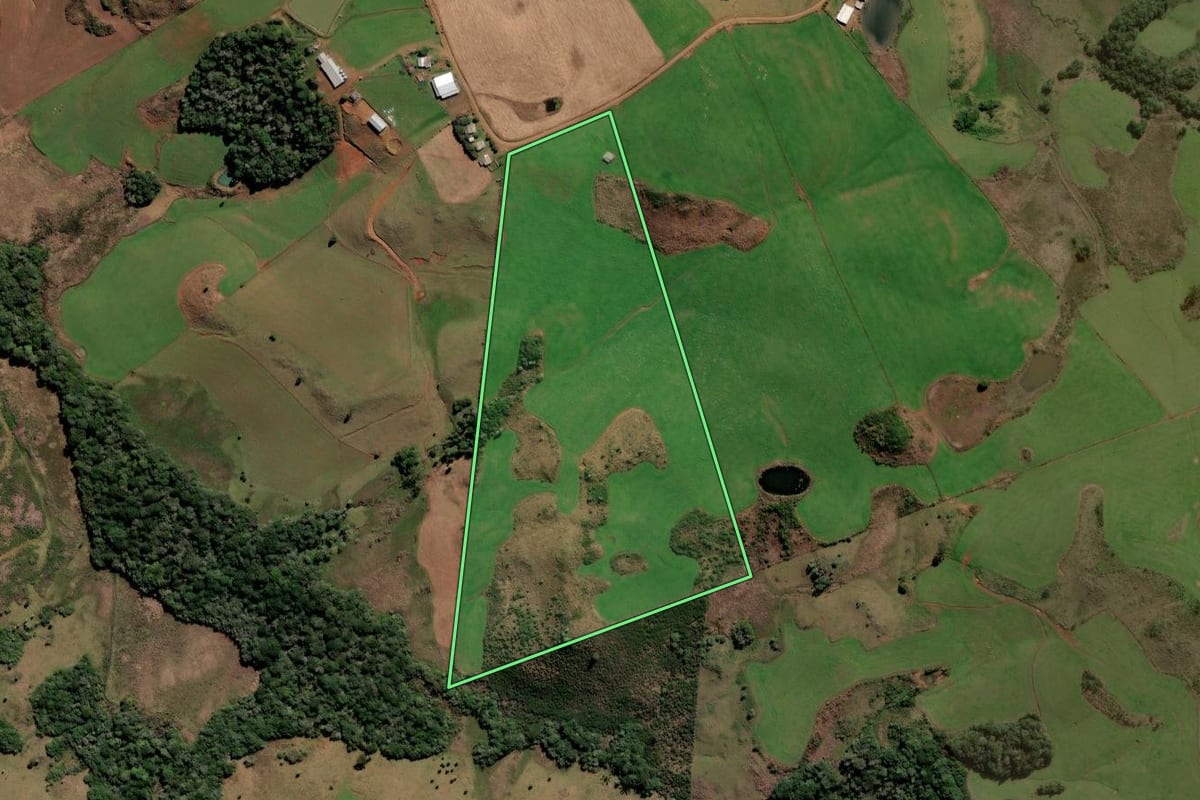 Imagem de satélite do imóvel rural em Curitibanos (SC), com o contorno declarado no CAR desenhado por cima.