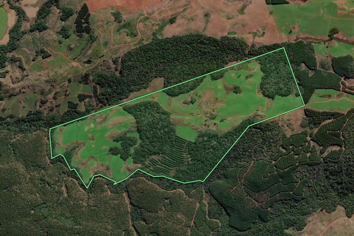 Imagem de satélite do imóvel rural em Curitibanos (SC), com o contorno declarado no CAR desenhado por cima.