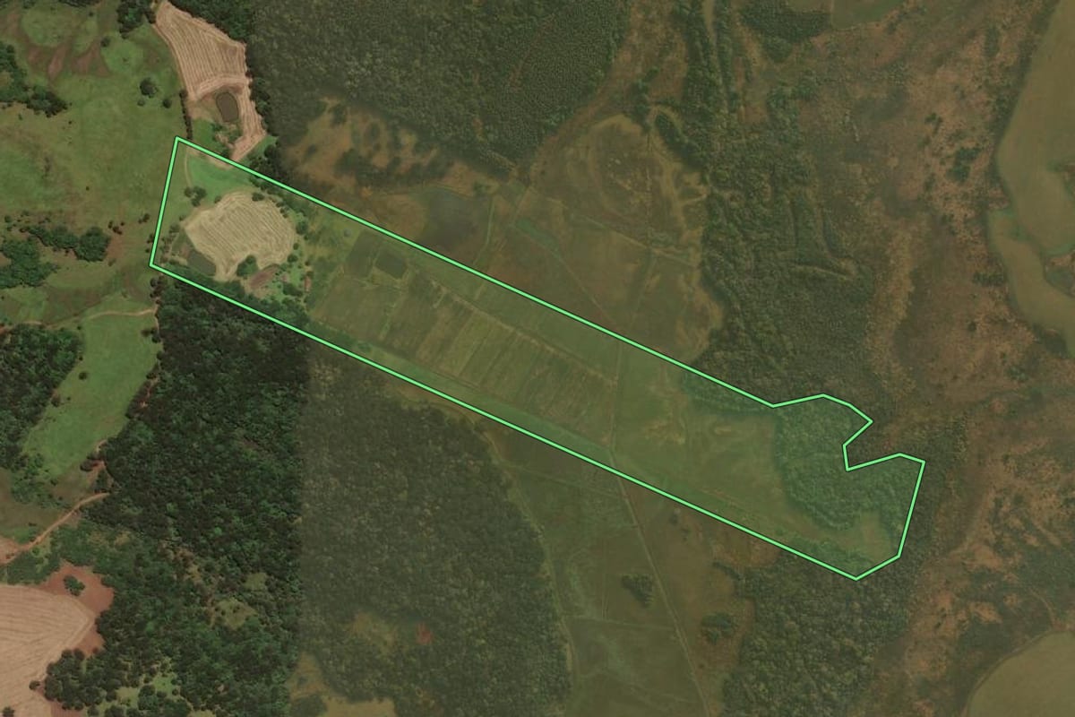 Imagem de satélite do imóvel rural em Curitibanos (SC), com o contorno declarado no CAR desenhado por cima.