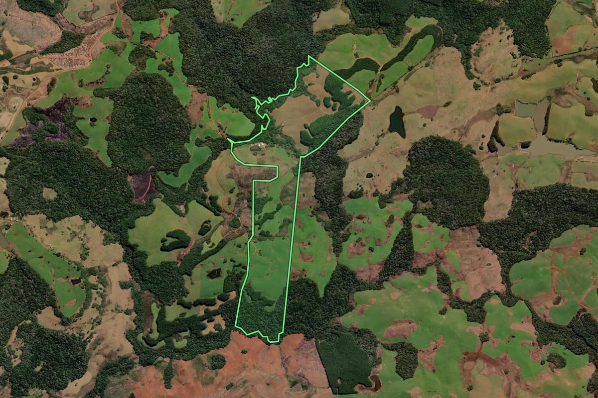 Imagem de satélite do imóvel rural em Curitibanos (SC), com o contorno declarado no CAR desenhado por cima.
