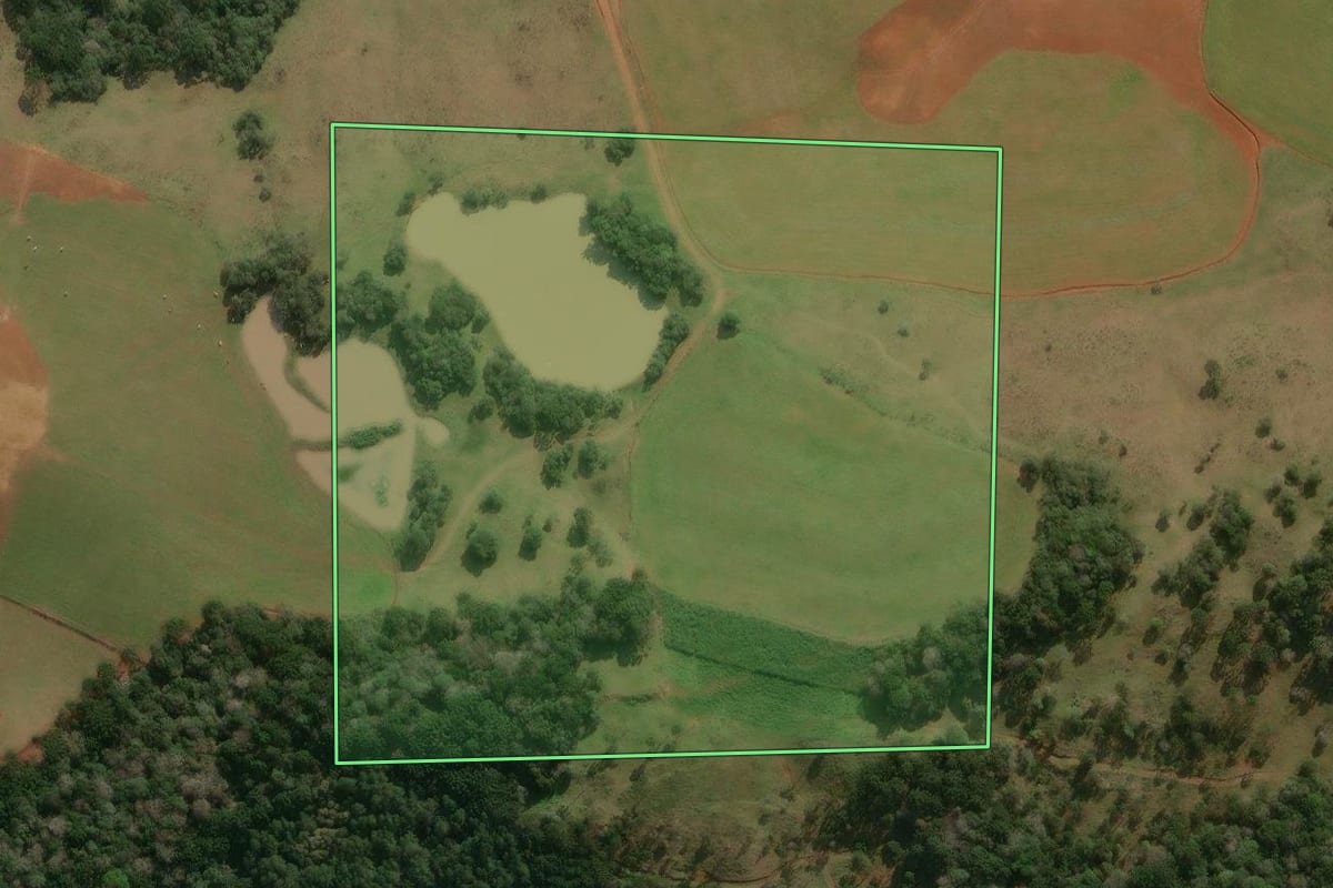Imagem de satélite do imóvel rural em Curitibanos (SC), com o contorno declarado no CAR desenhado por cima.