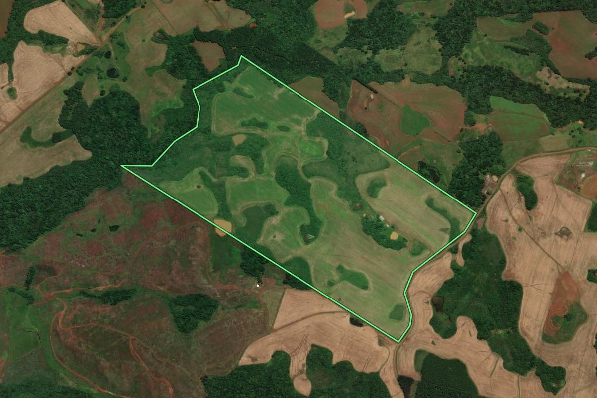 Imagem de satélite do imóvel rural em Curitibanos (SC), com o contorno declarado no CAR desenhado por cima.