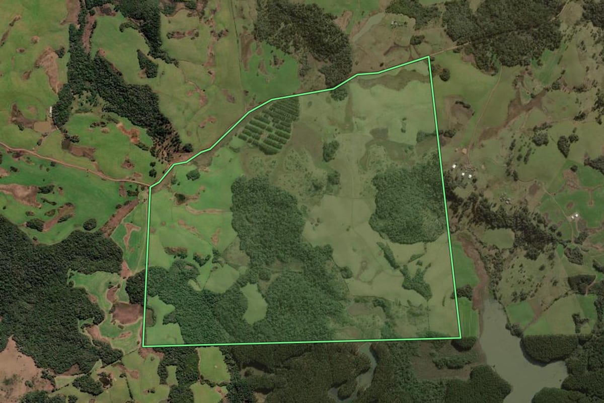Imagem de satélite do imóvel rural em Curitibanos (SC), com o contorno declarado no CAR desenhado por cima.