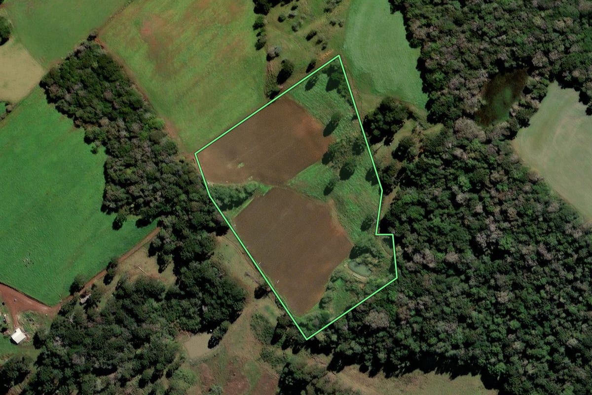 Imagem de satélite do imóvel rural em Curitibanos (SC), com o contorno declarado no CAR desenhado por cima.