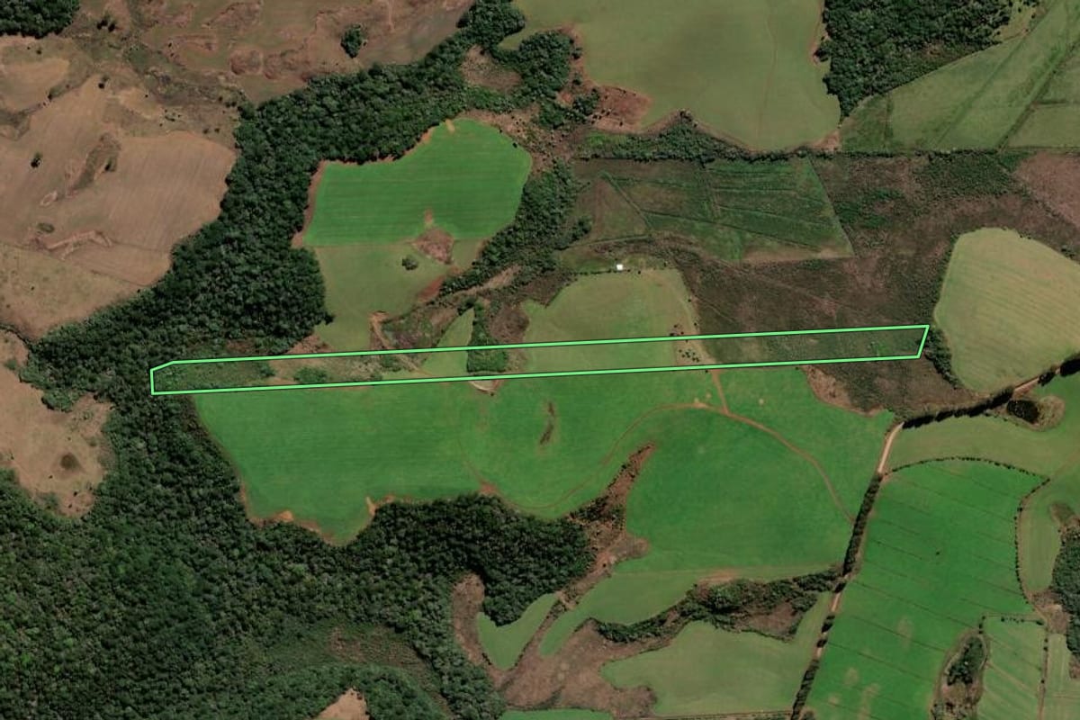 Imagem de satélite do imóvel rural em Curitibanos (SC), com o contorno declarado no CAR desenhado por cima.