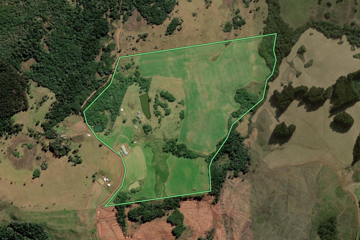 Imagem de satélite do imóvel rural em Curitibanos (SC), com o contorno declarado no CAR desenhado por cima.