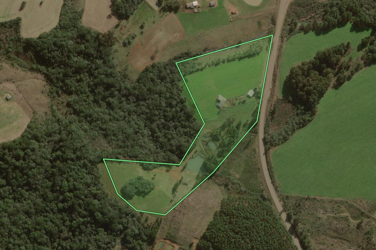 Imagem de satélite do imóvel rural em Curitibanos (SC), com o contorno declarado no CAR desenhado por cima.