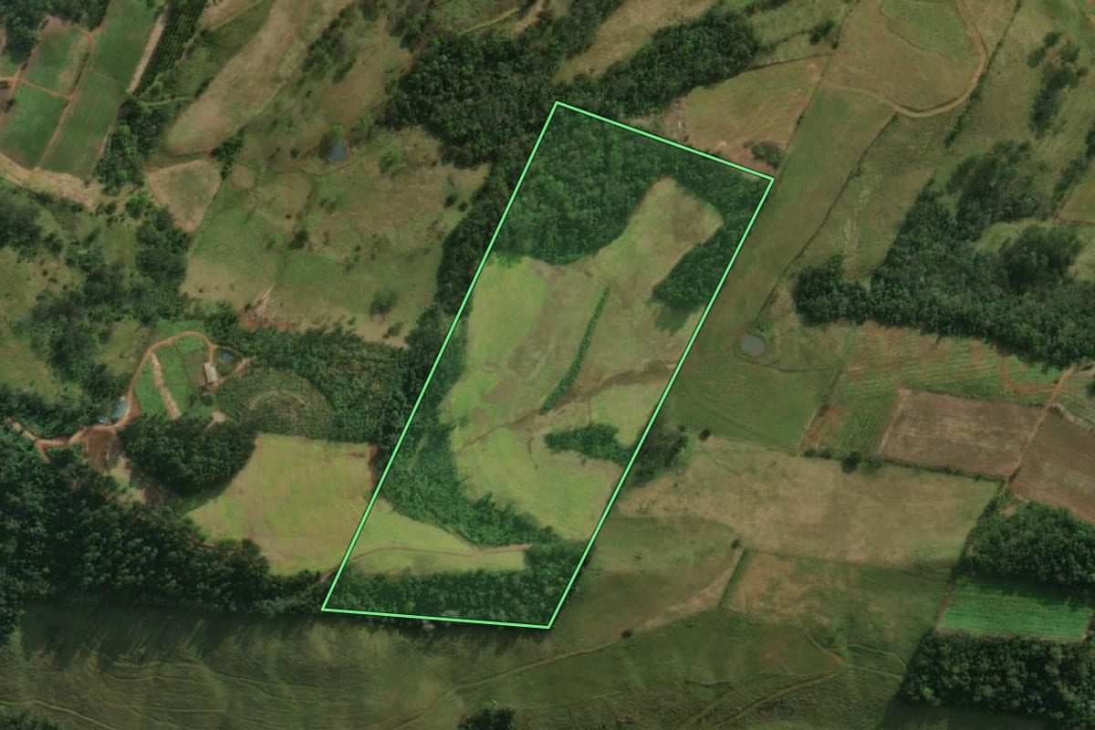 Imagem de satélite do imóvel rural em Descanso (SC), com o contorno declarado no CAR desenhado por cima.
