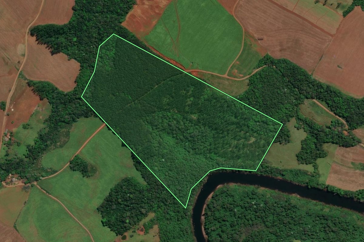Imagem de satélite do imóvel rural em Descanso (SC), com o contorno declarado no CAR desenhado por cima.